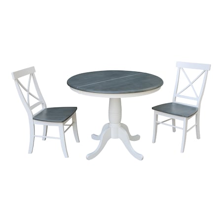International Concepts Round 36 in Rd Extension Dining Table, 2 X-back Chairs, White/Heather Gray, 36 W, 48 L, 29.3 in H K05-36RXT-C613-2